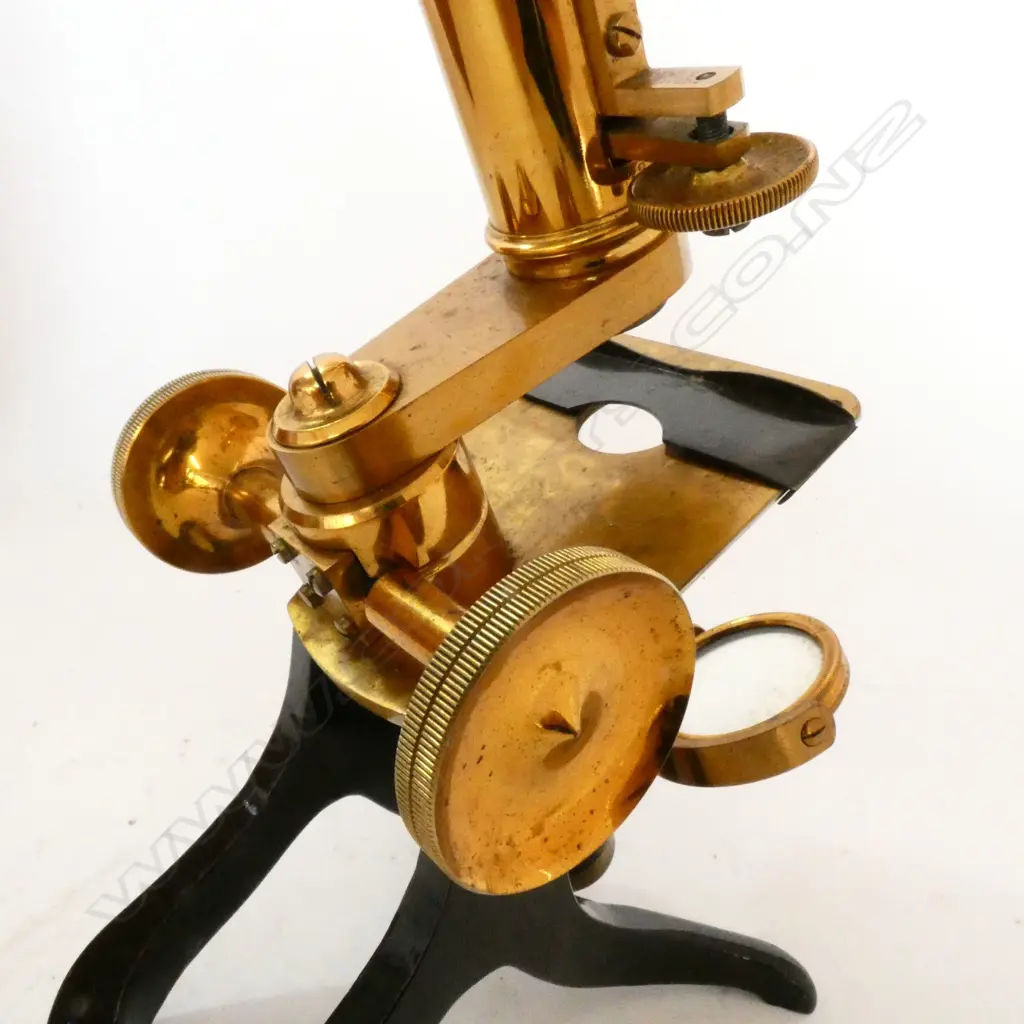 COMPACT MAHOG CASED LACQUERED BRASS COMPOUND MONOCULAR MICROSCOPE, w BULLSEYE ON STAND, ONE REPLACEMENT OBJECTIVE Image 1++